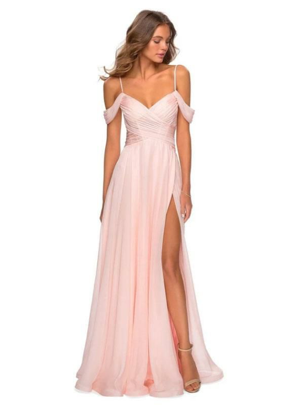 Wedding Party Dresses | Pink Bridesmaid Dresses A-Line Floor-Length V-Neck Chiffon Prom Dress Free Customization Wedding Wedding Party Dresses