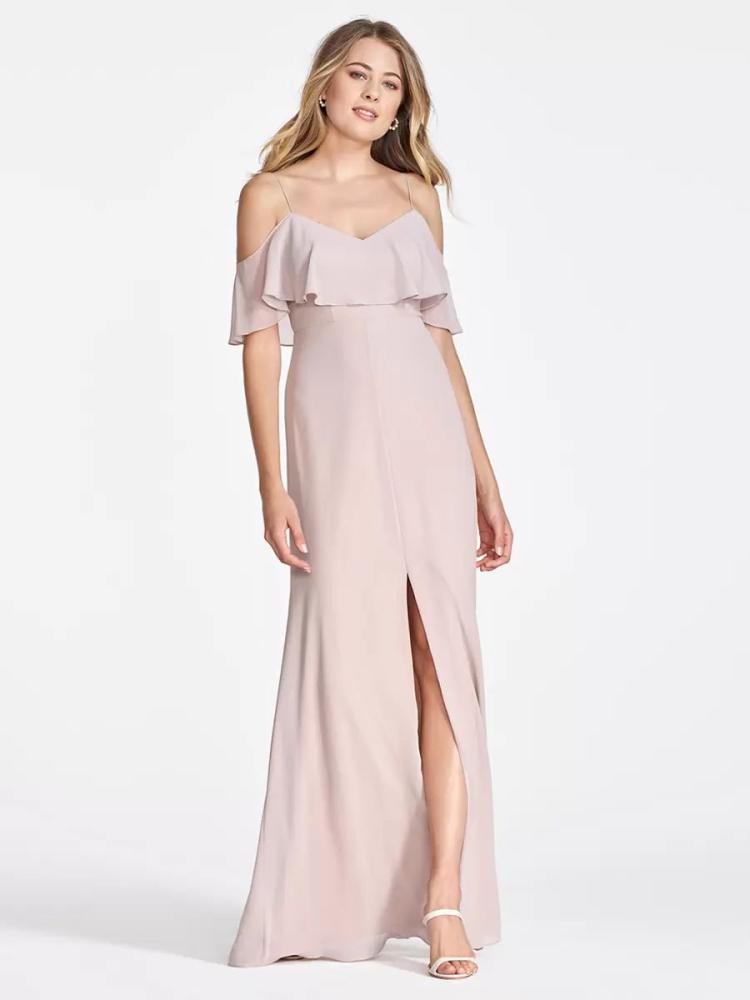 Wedding Party Dresses | Pink Chiffon Bridesmaid Dress Cold Shoulder Ruffled Split A-Line Maxi Gowns Wedding Wedding Party Dresses