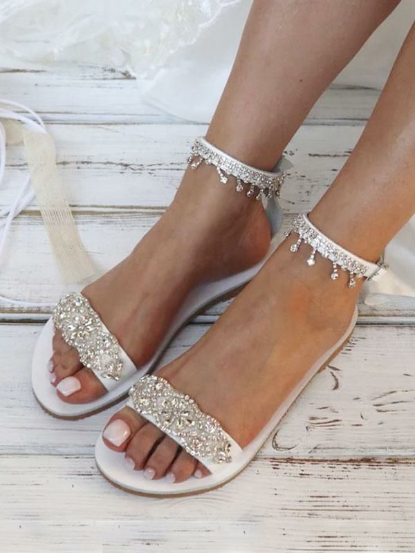 Wedding Shoes | Boho Bridal Shoes PU Leather Round Toe Rhinestones Bridal Flats Shoes Wedding Shoes