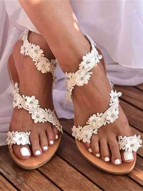 Wedding Shoes | Boho Wedding Shoes Brown Toe Loop Flowers Flat Sandals Shoes Wedding Shoes