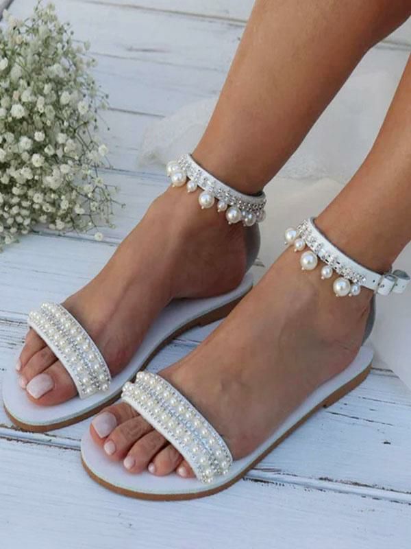 Wedding Shoes | Boho Wedding Shoes PU Leather Round Toe Pearls Bridal Flats Shoes Wedding Shoes