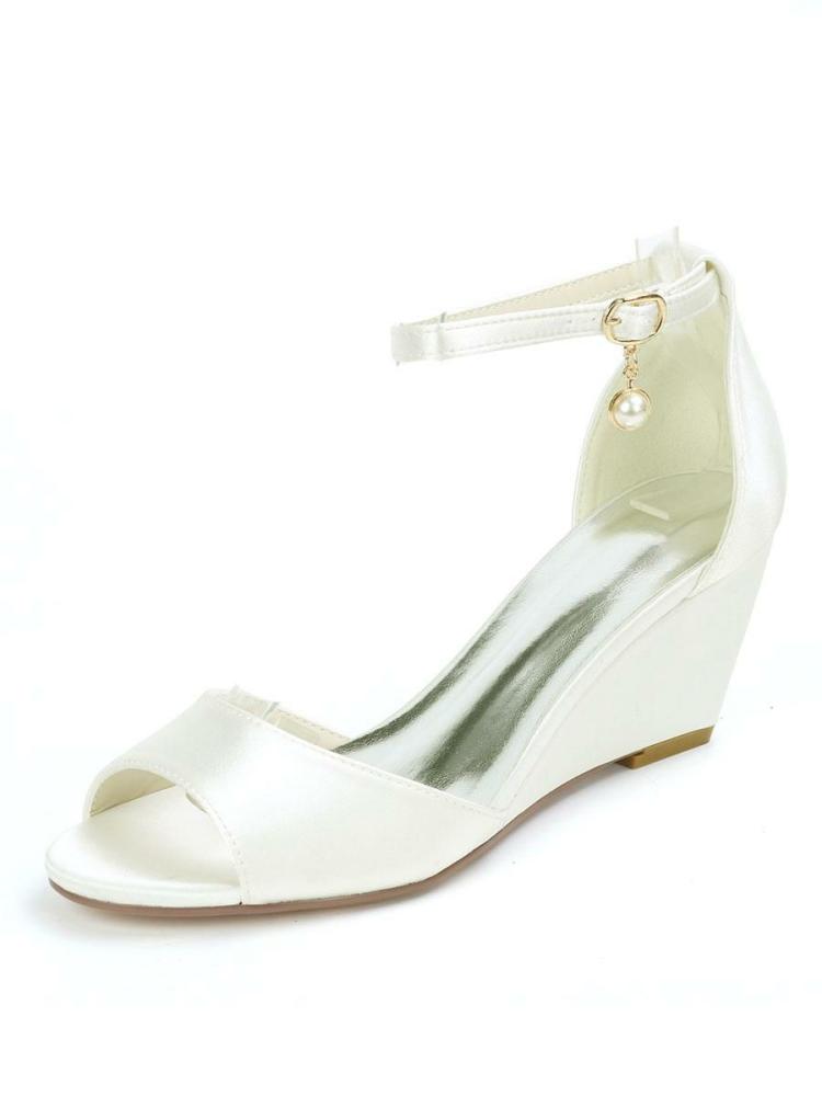 Wedding Shoes | Bridal Shoes Ankle Strap Wedge Sandals in Satin Shoes Wedding Shoes