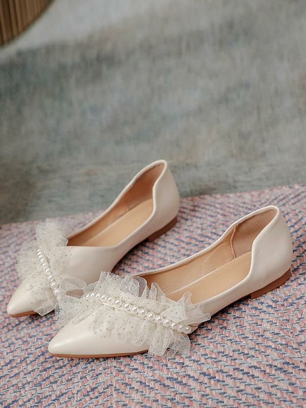 Wedding Shoes | Bridal Shoes Bridal Flats PU Leather Pointed Toe Beaded Shoes Wedding Shoes