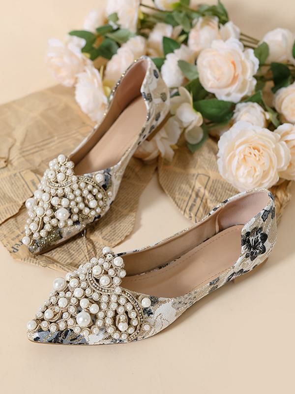 Wedding Shoes | Bridal Shoes Bridal Flats PU Leather Pointed Toe Pearls Shoes Wedding Shoes