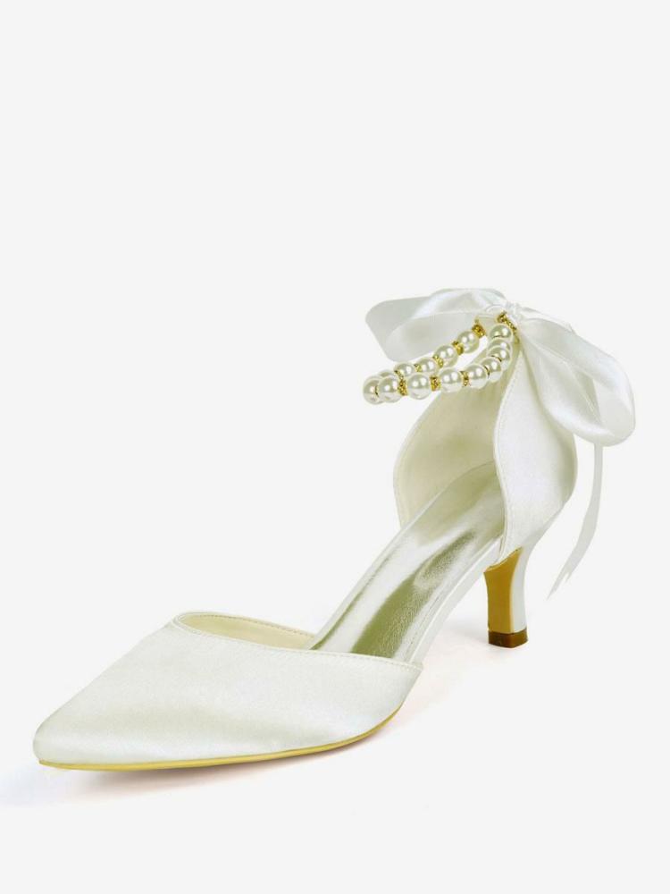 Wedding Shoes | Bridal Shoes Pearls Ankle Strap Tie Up Kitten Heels Shoes Wedding Shoes