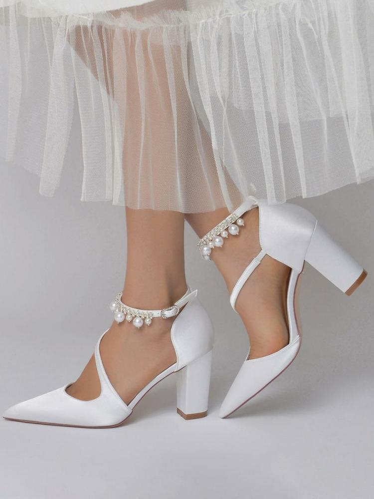 Wedding Shoes | Bridal Shoes Pearls Chunky Heel Pumps in Satin Shoes Wedding Shoes