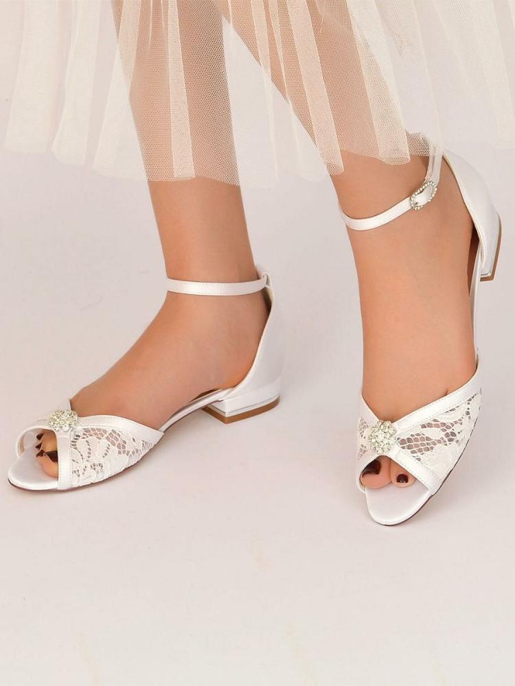 Wedding Shoes | Bridal Shoes Rhinestones Lace Peep Toe Ankle Strap Flats Shoes Wedding Shoes