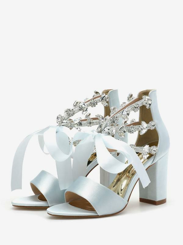 Wedding Shoes | Bridal Shoes Satin Light Sky Blue Open Toe Rhinestones Chunky Heel Bridal Shoes Shoes Wedding Shoes