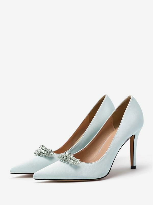 Wedding Shoes | Bridal Shoes Satin Light Sky Blue Pointed Toe Rhinestones Stiletto Heel Bridal Shoes Shoes Wedding Shoes