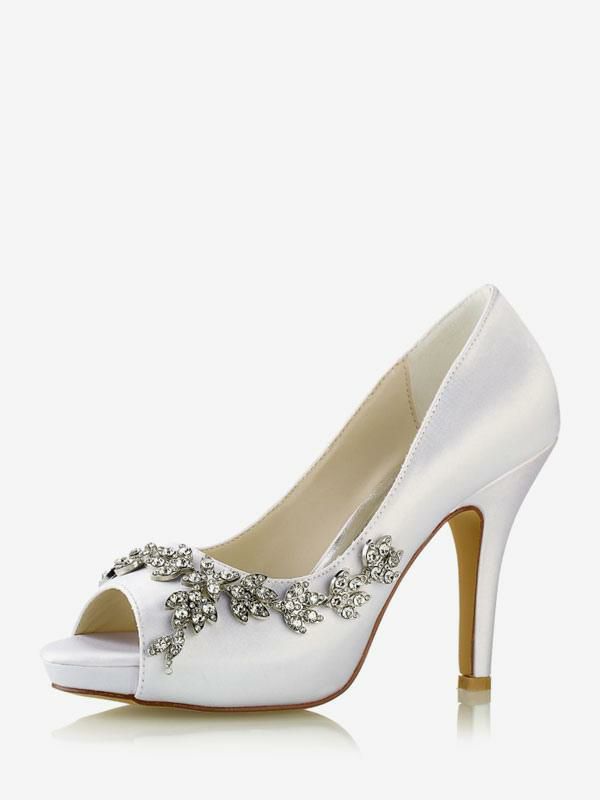 Wedding Shoes | Bridal Shoes Satin White Peep Toe Rhinestones Chunky Heel Bridal Shoes Shoes Wedding Shoes