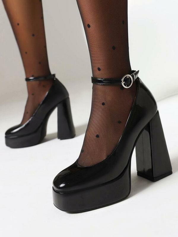 Wedding Shoes | High Heels Black Round Toe Chunky Heel Ankle Strap Pumps Shoes Wedding Shoes