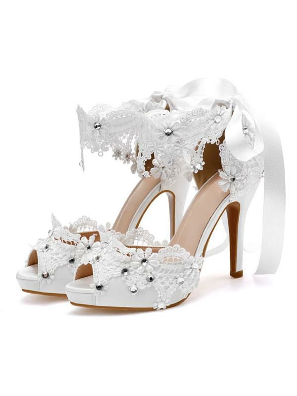 Wedding Shoes | Lace Flower Heeled Wedding Sandals with Bow Shoes Wedding Shoes