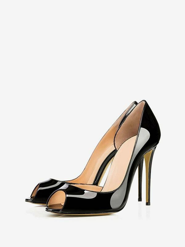 Wedding Shoes | Peep Toe Heels Patent Leather Stiletto High Heel Pumps in Black Shoes Wedding Shoes