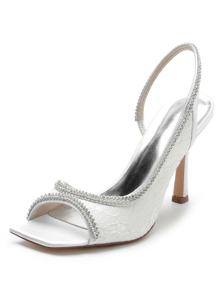 Wedding Shoes | Rhinestones Lace Slingback Stiletto Heel Bridal Sandals Shoes Wedding Shoes