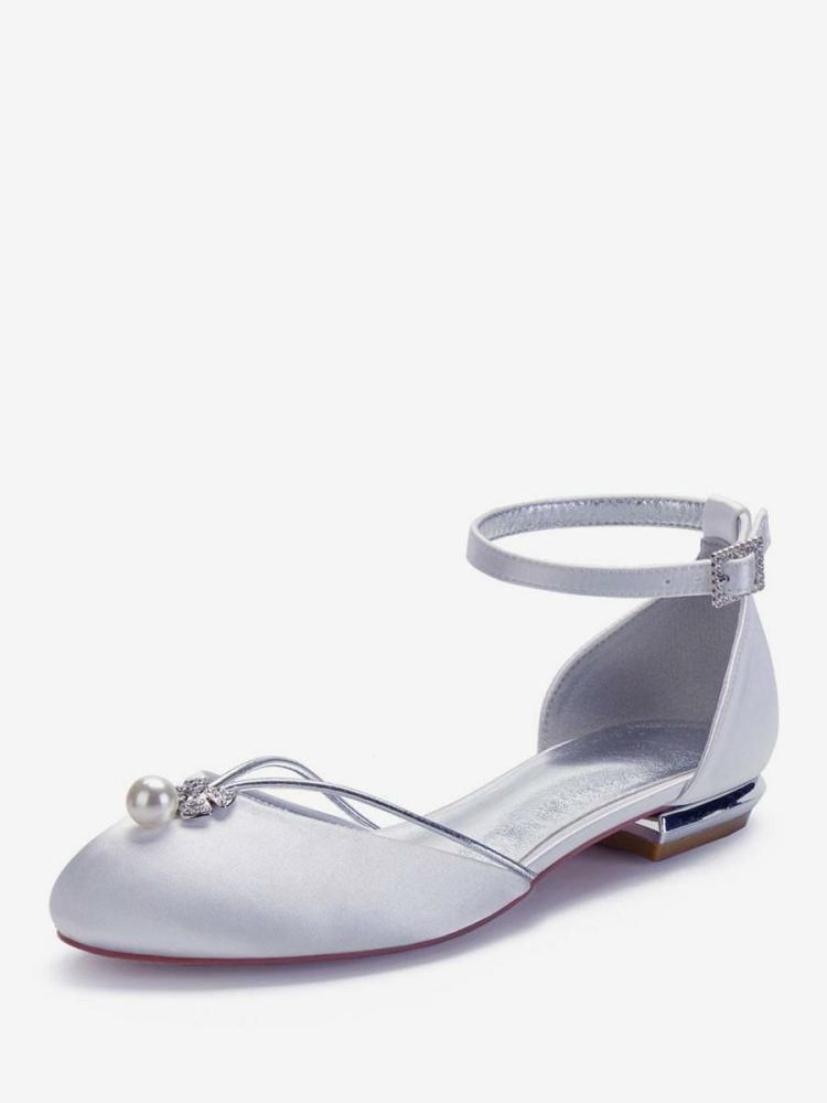 Wedding Shoes | Round Toe Ankle Strap Bridal Flats in Satin Shoes Wedding Shoes