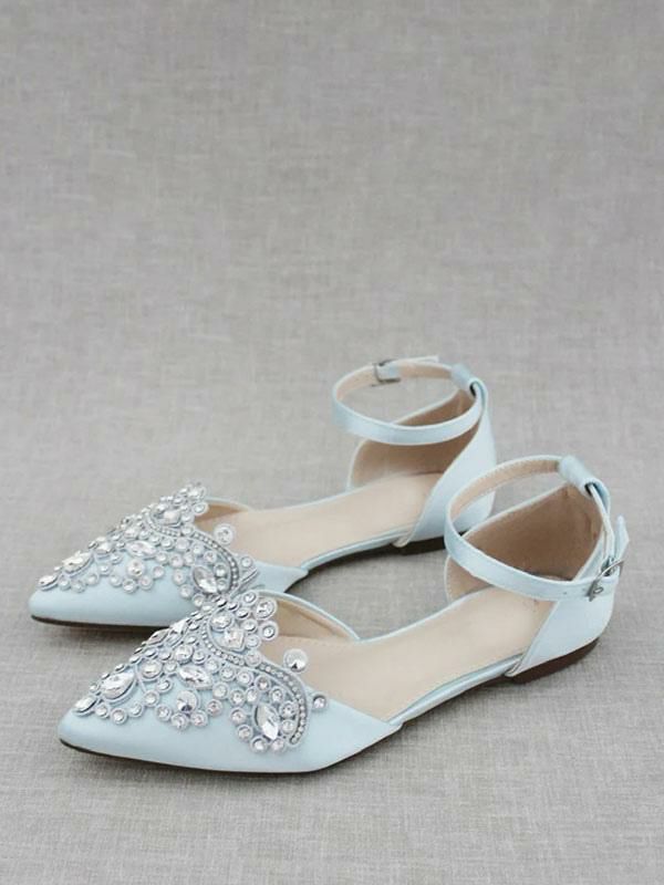 Wedding Shoes | Satin Bridal Shoes Pointed Toe Rhinestones Bridal Flats Shoes Wedding Shoes