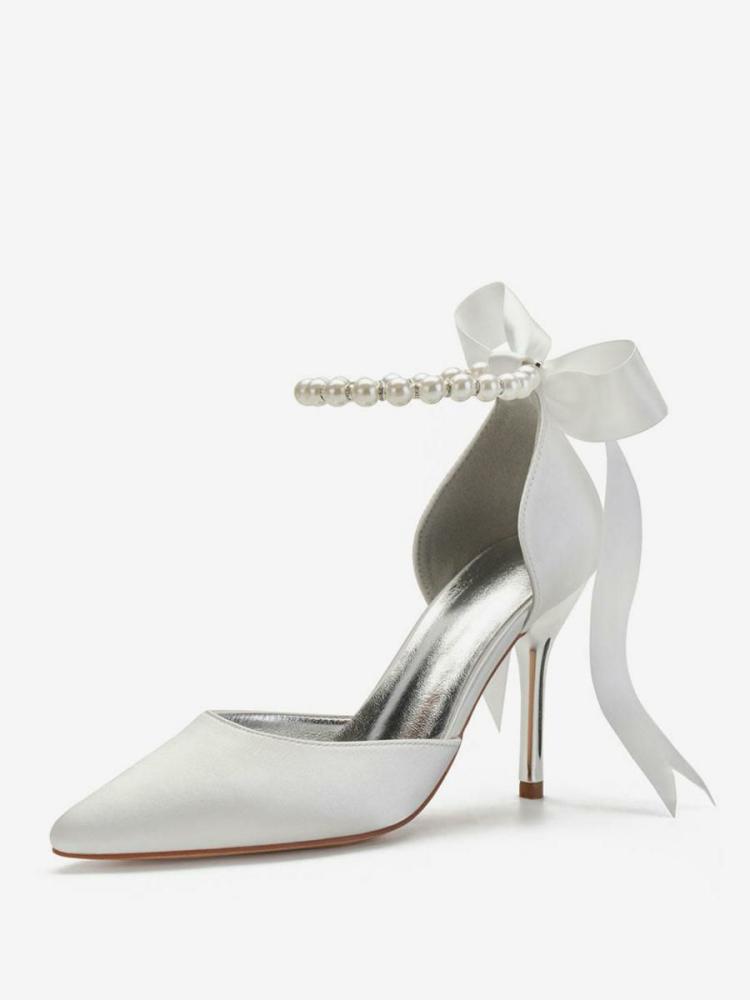 Wedding Shoes | Tie Up Pearls Ankle Strap Heeled Bridal Pumps Shoes Wedding Shoes