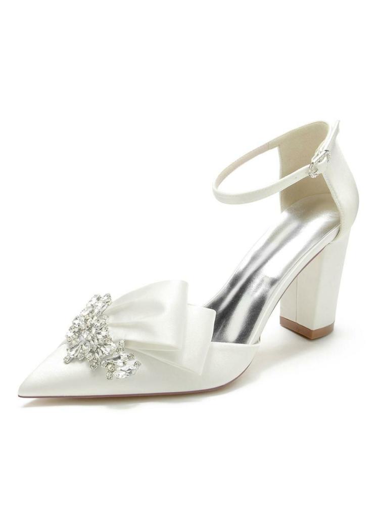 Wedding Shoes | Wedding Shoes Rhinestones Satin Pointed Toe Chunky Heel Bridal Shoes Shoes Wedding Shoes