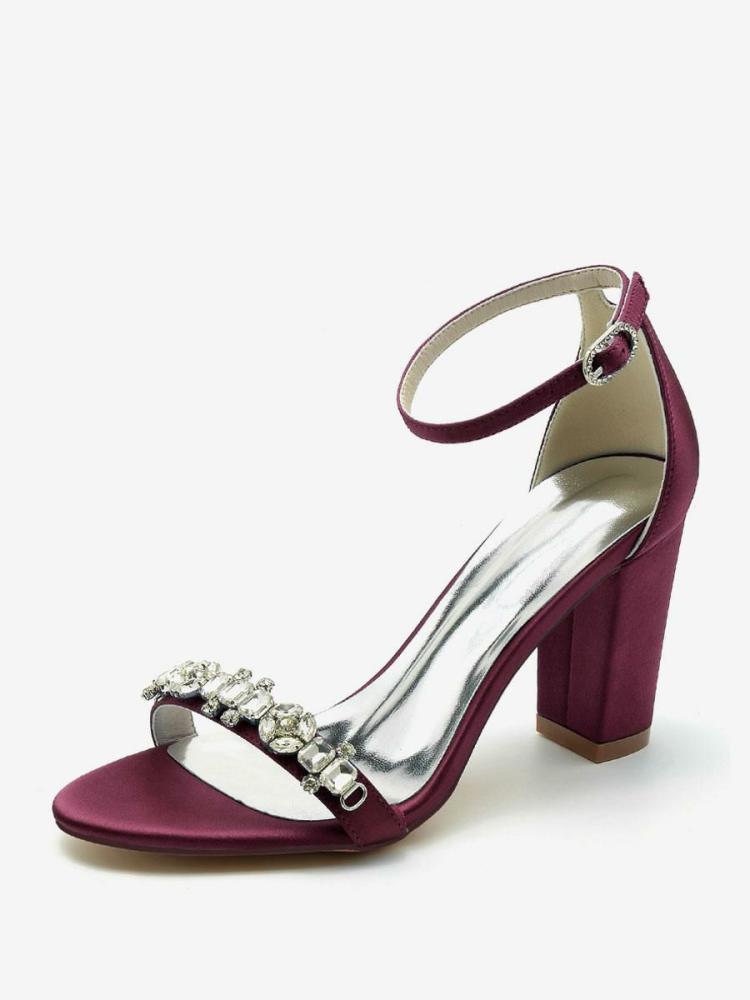 Wedding Shoes | Wedding Shoes Satin Burgundy Rhinestones Open Toe Wedding Sandals Shoes Wedding Shoes