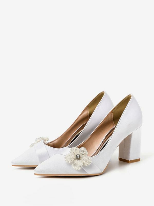 Wedding Shoes | Wedding Shoes Satin White Pointed Toe Pearls Chunky Heel Bridal Shoes Shoes Wedding Shoes