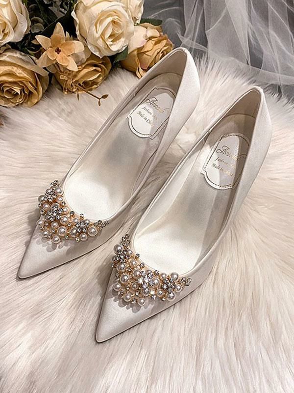 Wedding Shoes | Wedding Shoes Satin White Pointed Toe Rhinestones Stiletto Heel Bridal Shoes Shoes Wedding Shoes