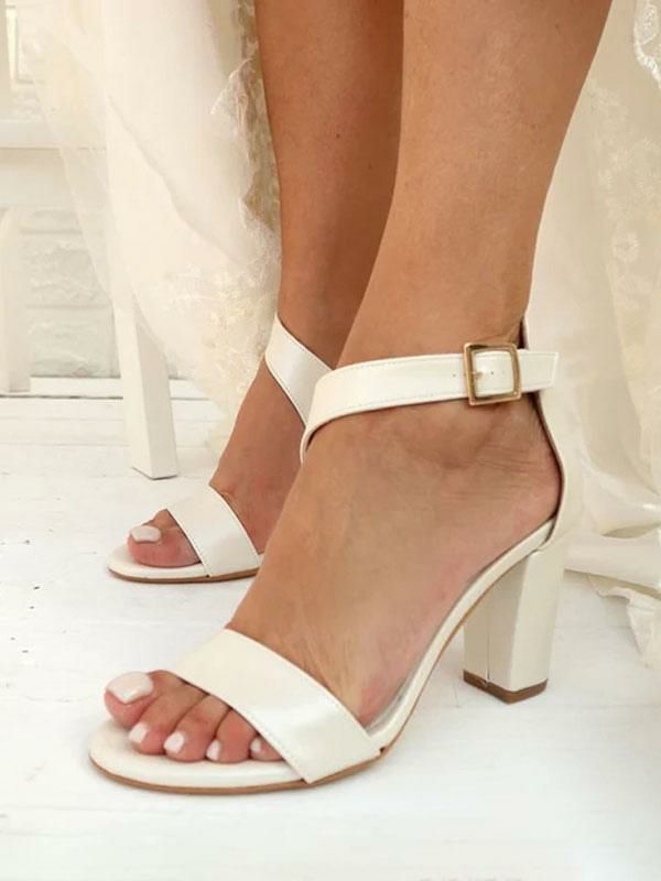 Wedding Shoes | White Wedding Shoes Open Toe Buckle Detail Block Heel Bridal Shoes Shoes Wedding Shoes