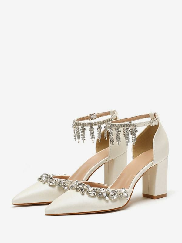 Wedding Shoes | White Wedding Shoes Rhinestones Pointed Toe Ankle Strap Bridal Pumps Shoes Wedding Shoes