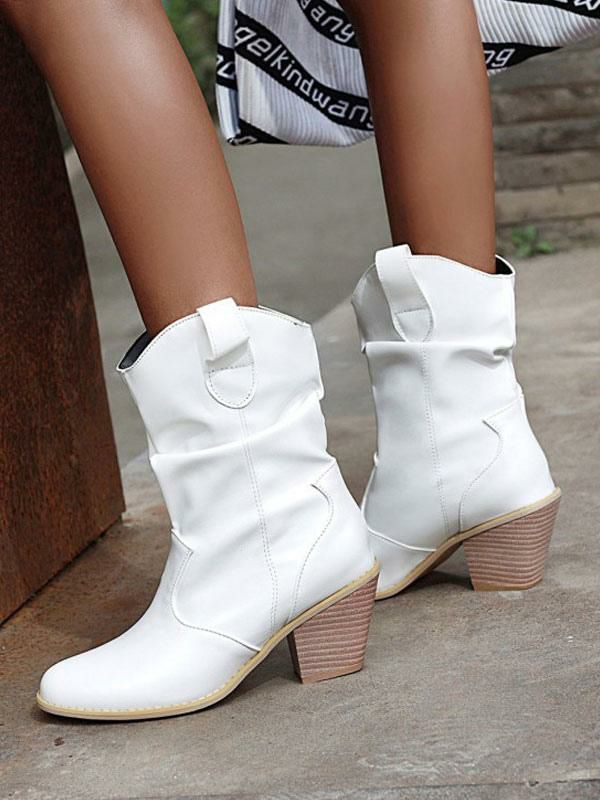 Wedding Shoes | Women Ankle Boots White Leather Round Toe Chunky Heel Carved Embroidered Booties Cowgirl Wedding Shoes Shoes Wedding Shoes