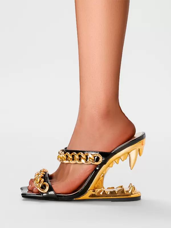 Wedges | Black Wedge Sandals Women Open Toe Chain Detail Designed Heel Wedges Shoes Wedges