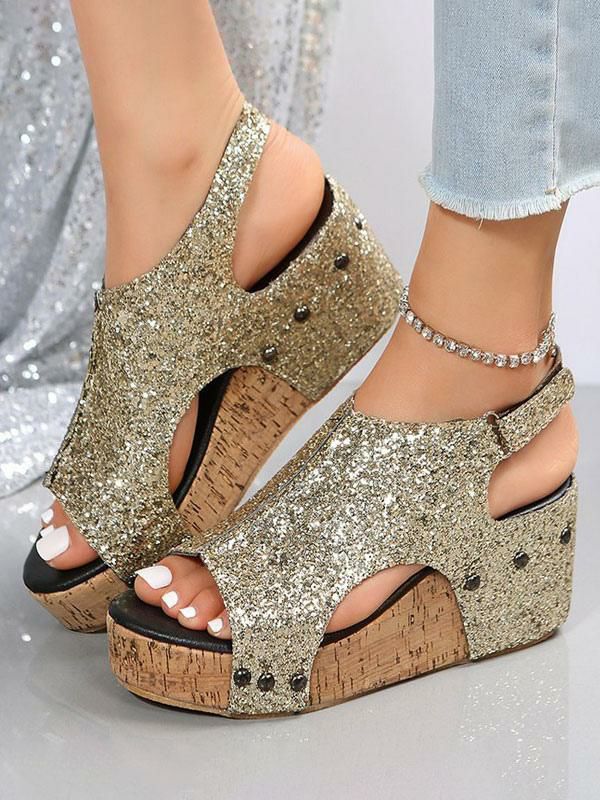 Wedges | Gold Glitter Platform Wedge Sandals Shoes Wedges