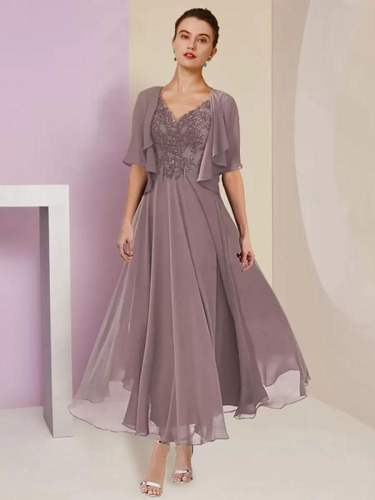 Wedding Party Dresses | Mother Dress V-Neck Short Sleeves A-Line Lace Tea-Length Wedding Guest Dresses Free Customization Wedding Wedding Party Dresses