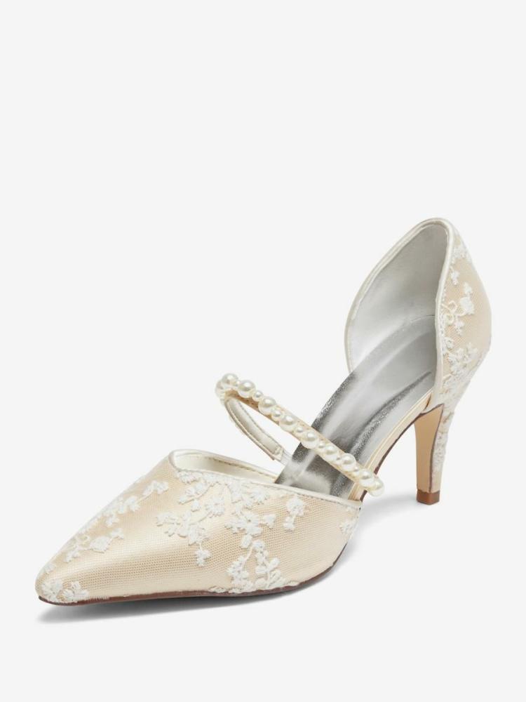 Wedding Shoes | Champagne Wedding Shoes Lace Pearls Flower Embrodered Bridal Pumps Shoes Wedding Shoes