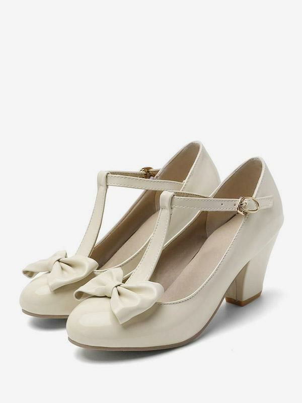 Heels& Pumps | White Vintage Shoes Round Toe Bow T Strap Chunky Heel Pumps Heels& Pumps Heels& Pumps