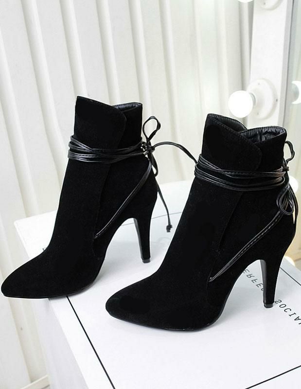 Boots | Ankle Black Suede Pointed Toe Strappy Short Booties Boots Boots