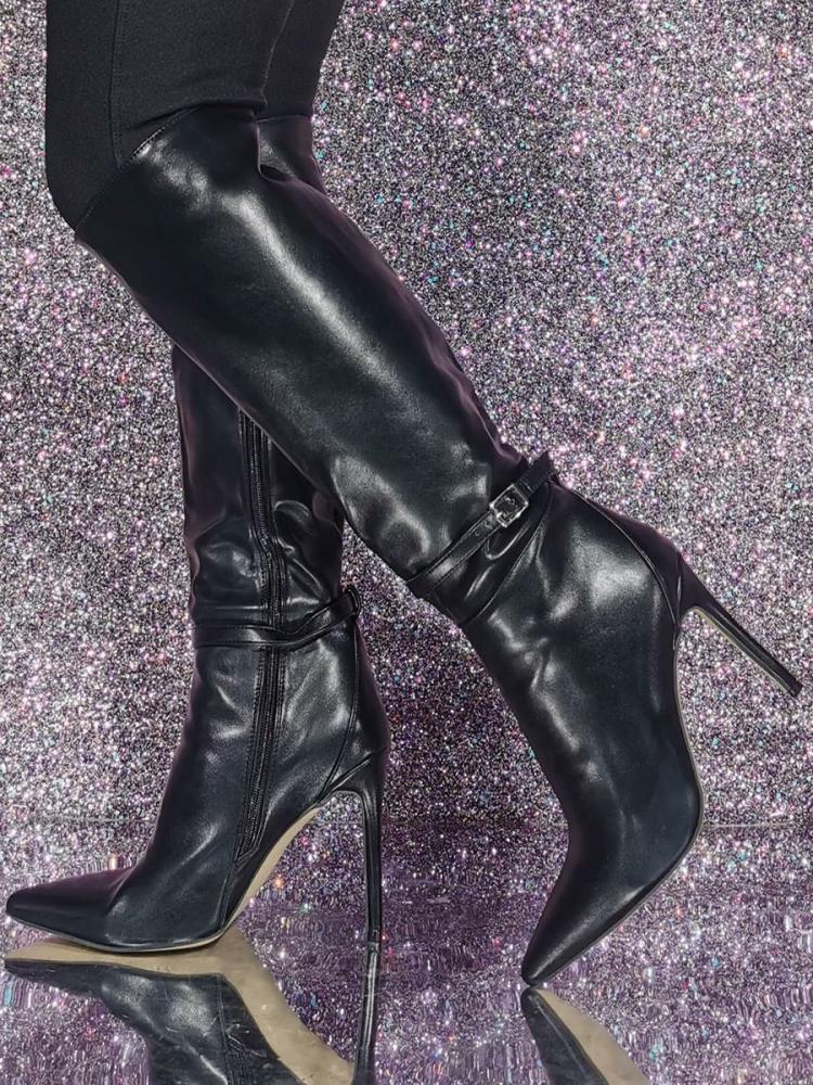 Boots | Black High Heel Knee High Boots Pointed Toe Buckle Detail Knee Length Boots Boots Boots