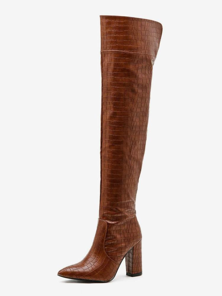 Boots | Croc Print Over the Knee Boots Chunky Heel Brown Boots Boots