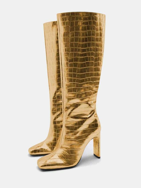 Boots | Gold Wide Calf Boots Women Square Toe Stiletto Heel Knee-High Boots Boots Boots