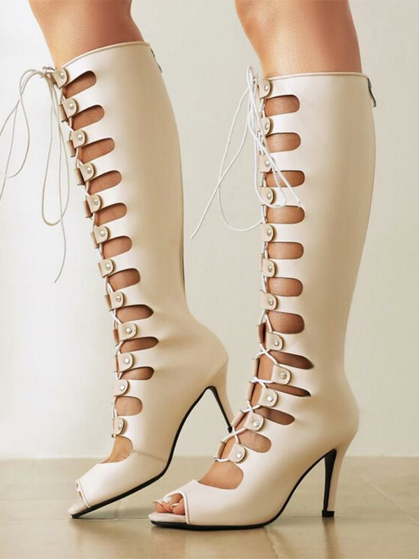 Boots | Knee High Boots Pee Toe Cut Out Lace Up High Heel Sandal Boots Boots Boots