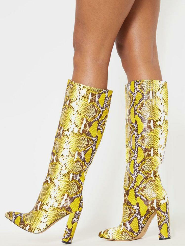 Boots | Python Chunky Heel Knee-High Boots in Yellow Boots Boots