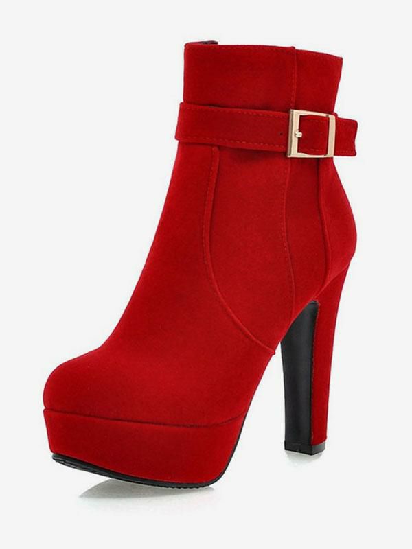 Boots | Red Suede Ankle Boots Platform Round Toe Chunky Heel Boots Boots Boots