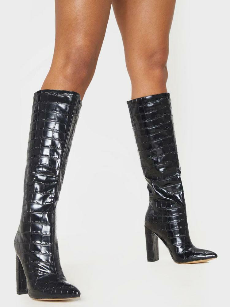 Boots | Women Knee High Boots Leather Black Round Toe Stone Patter Chunky Heel Boots Boots Boots