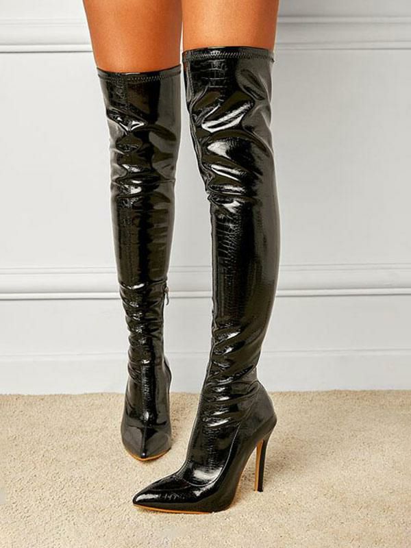 Boots | Thigh High Boots Pointy Toe Stiletto Heel Bright Leather Boots Boots